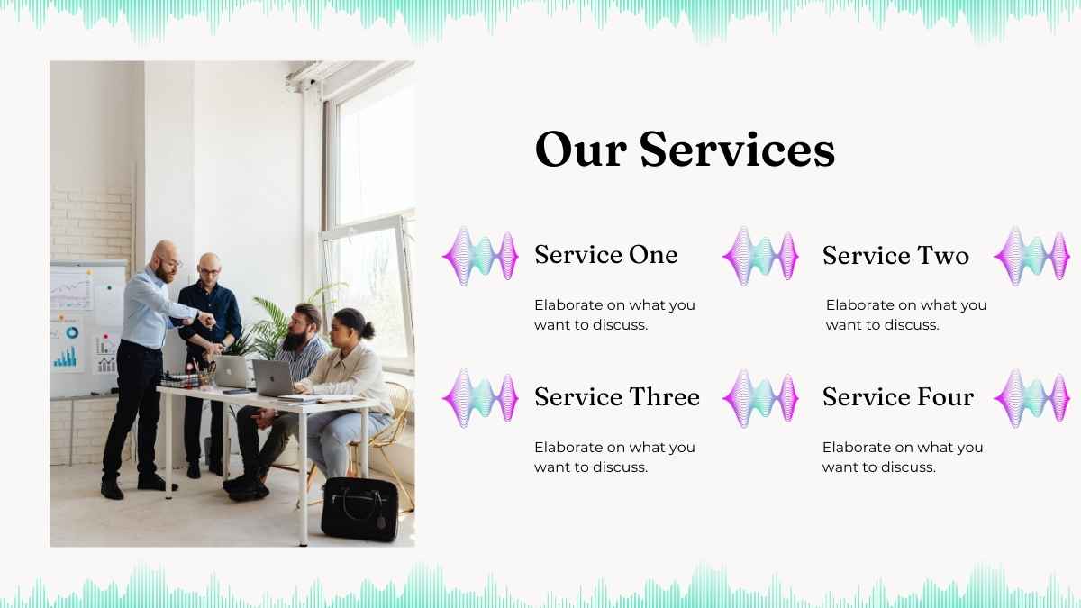 Plano de Marketing com Ondas Sonoras Simples e Elegante em Slides - deslizar 14